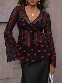 Opulessa Áo nữ tay dài cổ chữ V dáng xòe họa tiết trái tim, chất liệu vải lưới dệt kim, thích hợp cho kỳ nghỉ. - Đỏ - Xem 4