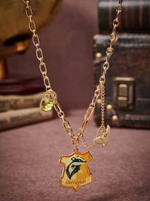 HARRY POTTER X SHEIN 1pc Zinc Alloy Cartoon Animal Print Rhinestone Embellished Oval Chain Necklace, Minimalist Luxury, Suitable For Party, Concert, Festival - Gold - View 4