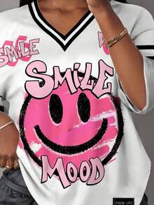 SHEIN Blusa de estampado urbano con cara sonriente, estilo Y2K, camiseta de manga corta de escote en V suelta, adecuada para el verano, para chicas adolescentes - Multicolor - Ver 4