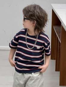 DAZY Camiseta de manga corta de cuello redondo holgada y casual con rayas para niño, verano - Azul Marino - Ver 3