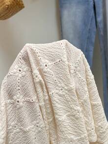 SHEIN Frenchy Solid Guipure Lace Trim Lantern Sleeve Blouse,Long Sleeve Tops Winter Casual Spring - Beige - View 6