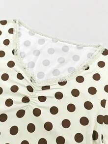 Rina Fox 大码女式新款波点印花蕾丝边V领长袖T恤，甜美简约胸褶印花黄色休闲百搭上衣，适合购物、上学、外出和聚会 - 黃色 - 查看 3