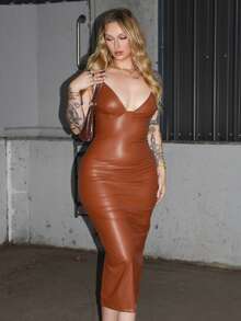 Arliah 1pc Women Solid Color PU Bodycon Midi Spaghetti Strap Deep V-Neck Dress, For Daily And Party Wear, Autumn/Winter - Brown - View 3