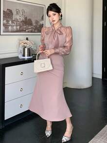 DAZY 女士优雅拼接系领泡泡袖褶裥中长连衣裙，秋冬款