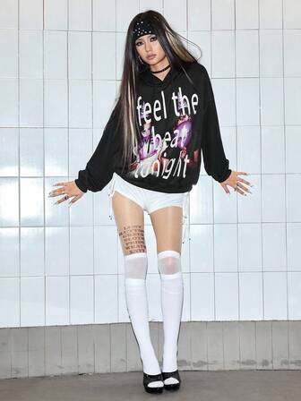 Grunge Punk sweat-shirt à capuche zippé avec imprimé portrait vintage délavé