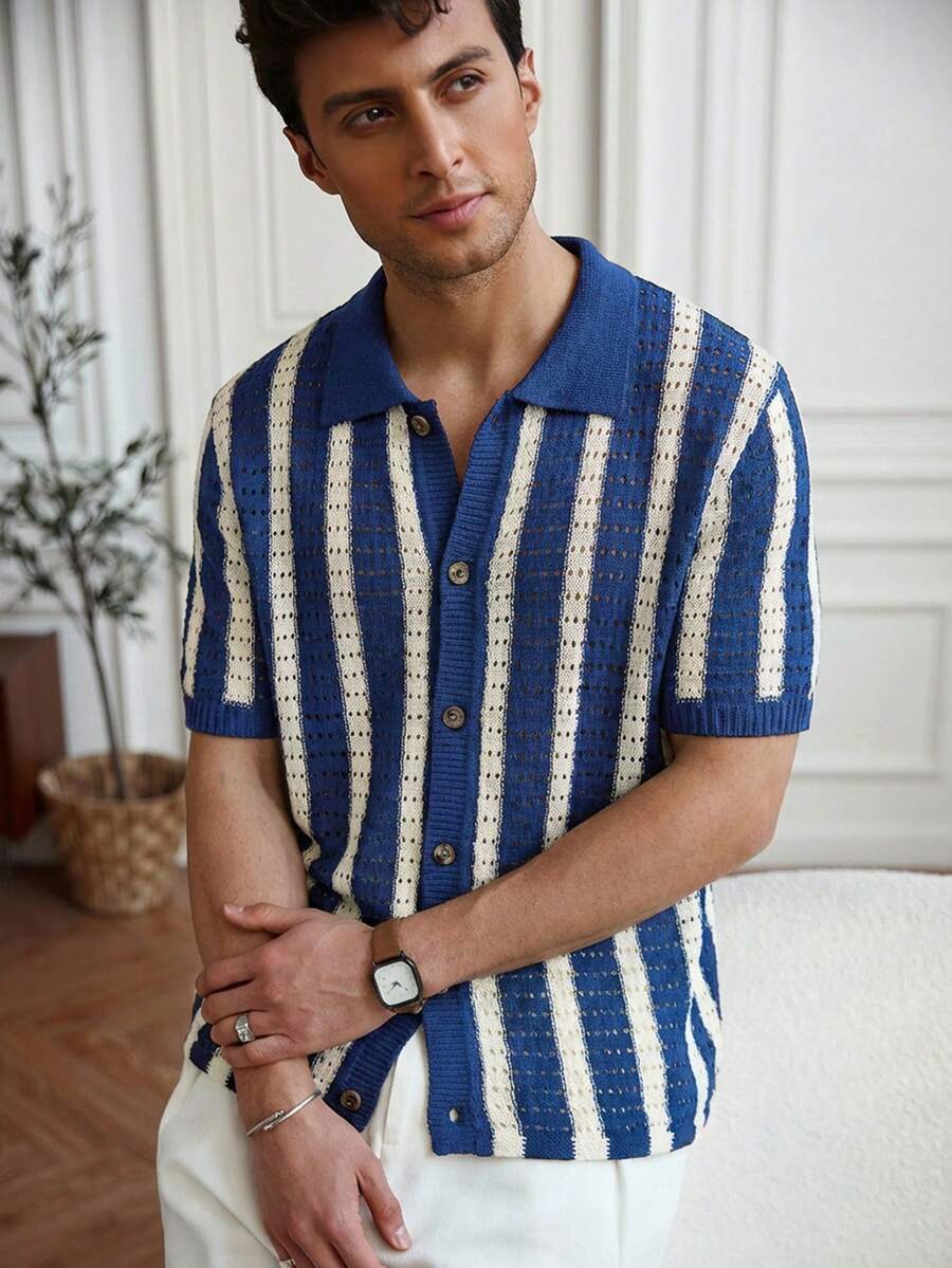 Manfinity CityGents Men's Striped Single-Breasted Casual Everyday Commute Knit Short Sleeve Top Mens Beach Shirt Mens Blue And White Shirt Men Crochet Shirt Cuban Shirt Men Knitted Men Shirt Men Blue And White Shirt - Multicolor - View 1