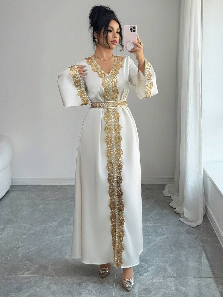 Elenzga petite Damen elegantes A-Linien Maxikleid mit V-Ausschnitt, Glockenärmeln, Spitze an der Taille, in schimmernder Aprikosenfarbe, für den Frühlingsanfang - Aprikosenfarben - Übersicht 7