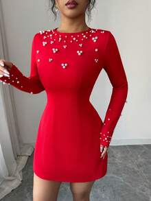 Selianne New Asymmetrical Bubble Bead Elegant Red A-Line Long Sleeve Mini Dress, Suitable For Dates, Parties, And Gatherings