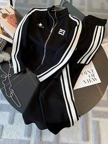 Franclia 2pcs Women Set: Fitted Collar Cardigan Jacket + Casual Slant Pocket Pants - Black - View 3