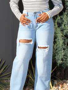 Steph T Jeans con botón con abertura desgarro crudo de pierna ancha - Lavado ligero - Ver 5