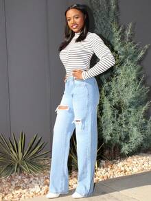 Steph T Jeans con botón con abertura desgarro crudo de pierna ancha - Lavado ligero - Ver 6