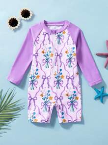 SHEIN Traje de baño de una pieza con estampado de moño púrpura de manga larga para niñas jóvenes, adecuado para vacaciones, natación, aguas termales, playa, surf, primavera/verano - Morado - Ver 7