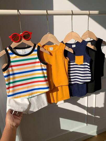 SHEIN 8pcs/Set Unisex Baby Boy/Girl Solid Color & Color Block Sleeveless Knit Tank Top And Shorts Set, Spring/Summer Baby Boy Clothes, Outfits