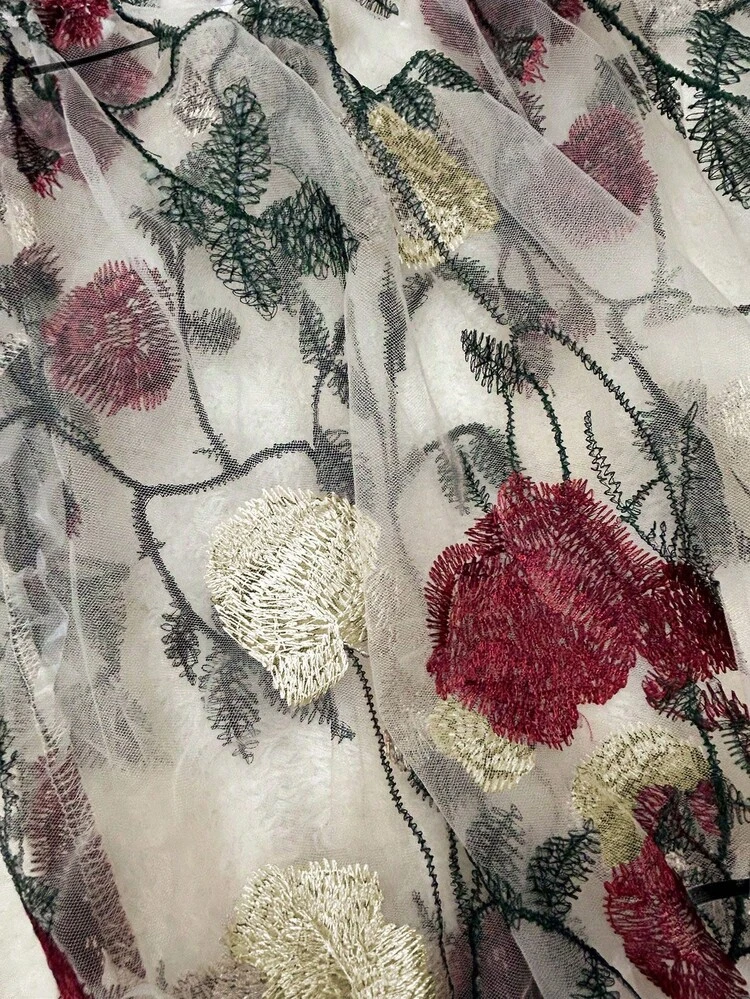 Franclia Blusa corta de mujer talla grande con mangas farol, hombros descubiertos, bordado floral y tejido de malla transparente - Multicolor - Añade 3