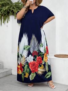 SHEIN CURVE+ Spring And Summer Autumn And Winter Elegant Navy Blue Woven Notched Kaftan Dress Plus Size Dresses
