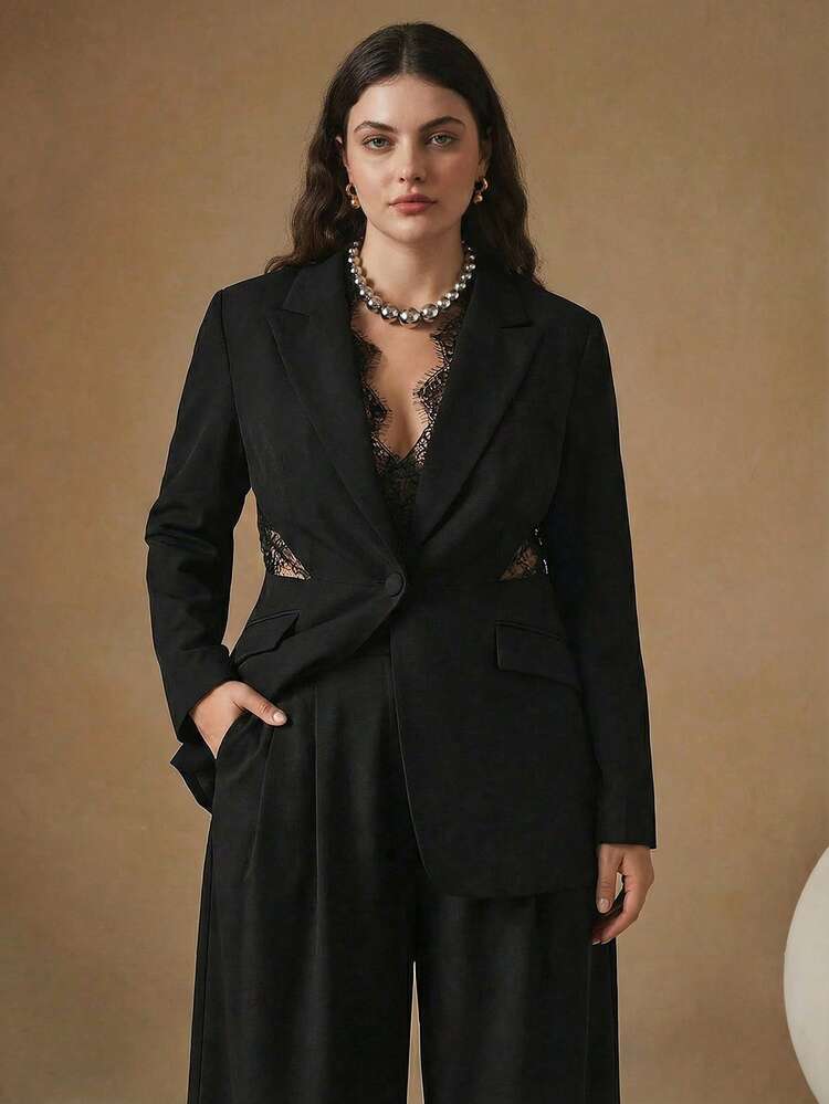 Anewsta Autumn/Winter New Fashionable Design Lace Patchwork Waist Hollow Out Plus Size Women Blazer