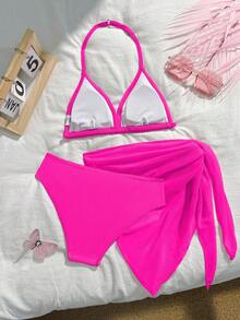 SHEIN Tween Girls Tankinis, Casual Rose Red Three Piece Swimsuit Set+Half Skirt Fashionable Casual Exquisite Gorgeous Lady Suitable For Swimming Suitable For Summer Vacation, Beach Beach Beach Swimming Pool, Summer Party Leisure Vacation. Hot Pink Bikini 3 Piece Swimsuit Set Girls Beach Sets - Hot Pink - View 2