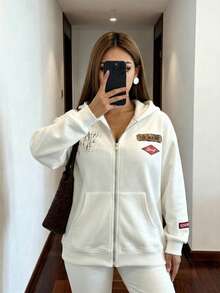 SWAVVY Men's Casual Zip-Up Hoodie Sweatshirt With Screen Print, Loose Fit, Spring/Autumn - Light Yellow - View 3