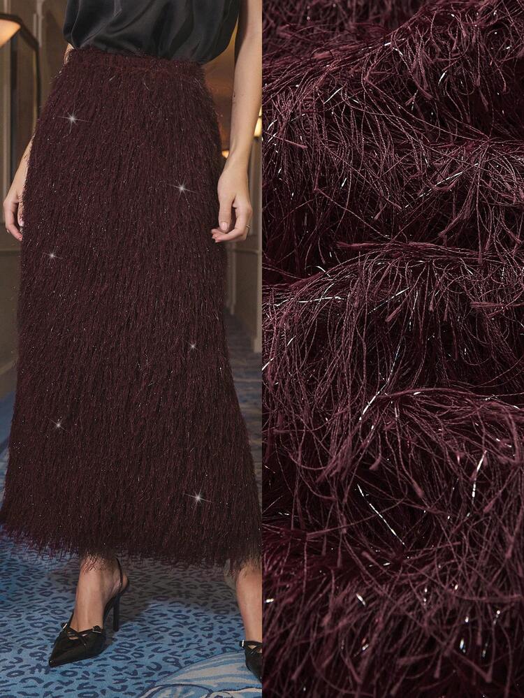 SHEIN Maija Women's Fashionable Elegant Party Fringe Slit Skirt Long Skirt With Slit Maroon Skirt Burgundy Skirt,Red Skirt Tassel Skirt Maxi Skirt Fringe Skirt