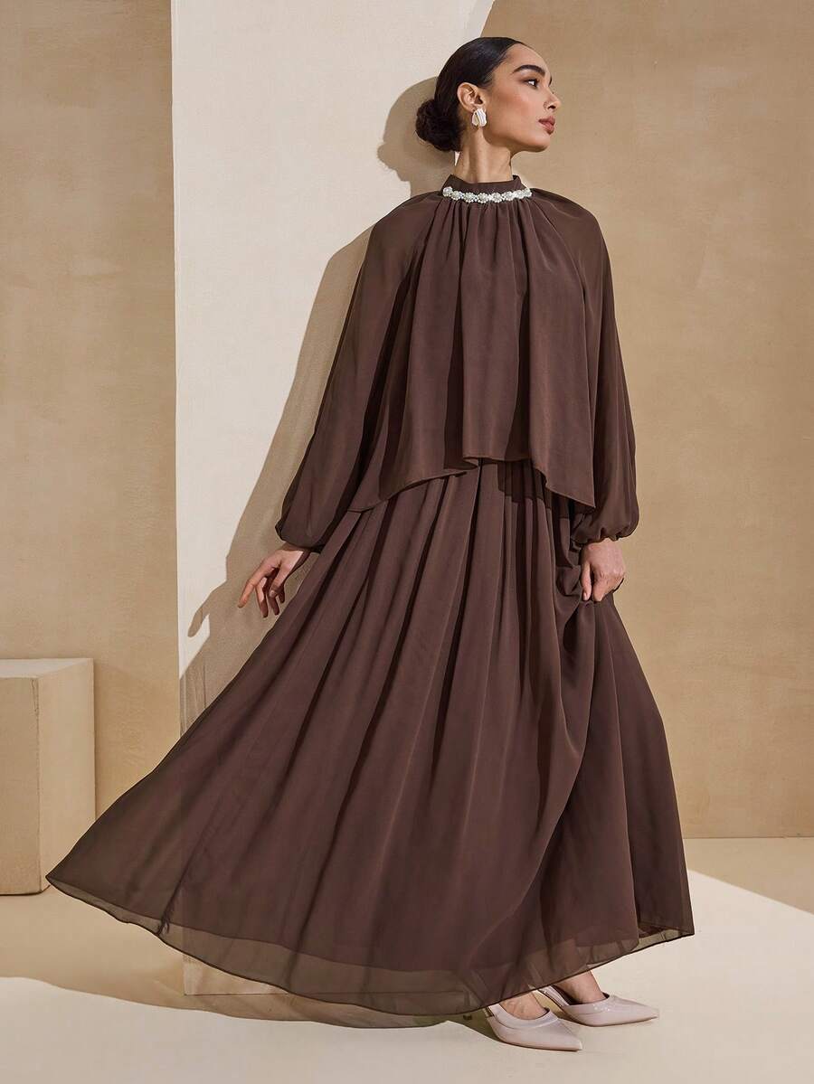 Graceveil 2 piezas Conjunto de mujer con volantes en el bajo en color marrón para salir - Marrón - Ver 1