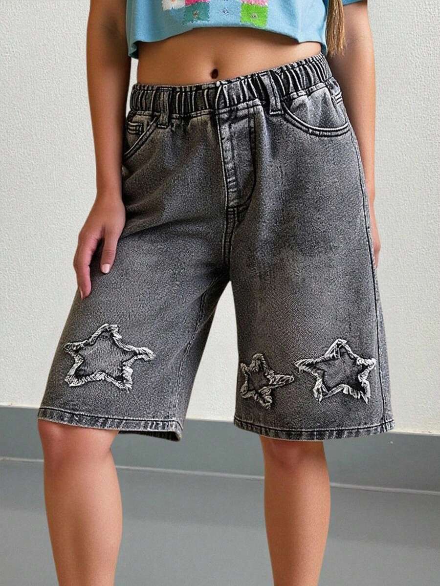 SHEIN Tween GirlsY2K Streetwear Chic Faded Blue Washed Distressed Star Embroidered Elastic Waist Loose Denim Shorts - Black - View 1