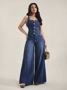 SHEIN Tall Chaleco vaquero de mujer con cuello cuadrado, flor de metal y abotonadura sencilla - Azul - Ver 3