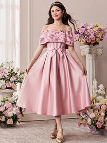 Pitira 少女派对礼服纯色缎面露肩网纱串珠刺绣腰部连衣裙，优雅公主风，适合正式场合、派对、生日、日常穿着、节日、家庭聚会和特殊活动，姐妹装，可爱、优雅、甜美复古风，适合返校季、优雅派对、约会、通勤，也适合婚礼、生日派对、舞会、伴娘礼服、正式晚礼服、毕业典礼、春节等场合。 - 粉色 - 查看 4