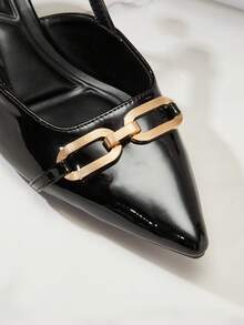 SHUZIA #LuxuryMuse Women's Black Patent Horse-Bit Point Toe Slingback Pumps – Glossy, Chic & Elegant Designer Look. - Black - View 6