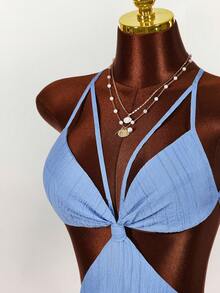 Amplova Đầm ngắn hở lưng cổ yếm màu trơn thời trang gợi cảm dành cho nữ - Màu xanh lam - Xem 4