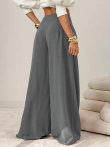 Vixey Women's Solid Color Pleated Pocket Casual Versatile Commuting Wide Leg Pants - Light Grey - View 2
