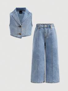 2pcs/Set Girls Denim Sleeveless Vest And Loose Fit Pants,Summer Outfits,Casual And Fashionable Vacation Outfits,Street Wear,2000s Style  ,Comfortable And Soft Denim Set - Light Wash - View 10