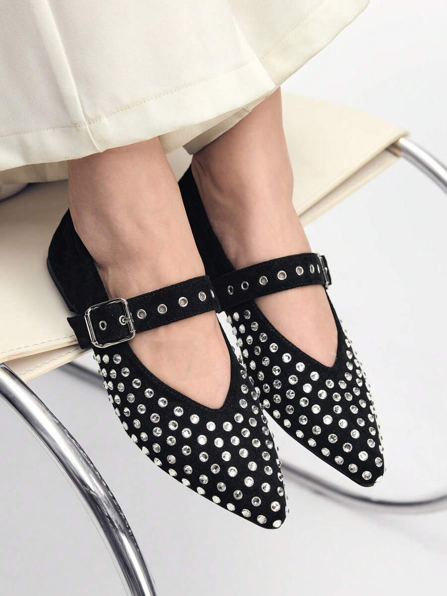 Mnmlis Mocassins femininos casuais de bico fino - Preto - Ver 1