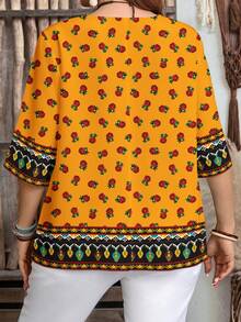 EMERY ROSE Plus Size Casual Vintage Floral Print V-Neck Blouse, Suitable For Summer, Summer Top, Yellow Top,Vacation/Summer/Spring - Multicolor - View 2