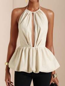 SHEIN Veneréa 优雅镂空花苞无袖杏色亚麻吊带衫 - 杏色 - 查看 6