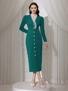Modelyn Vestido de manga larga con ribete de contraste para mujer - Verde Oscuro - Ver 5