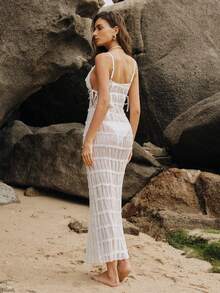 Swim Chiccia 1pc White Lace Patchwork Tie-Up Backless Casual Elegant Cover-Up Swimsuit For Women - White - View 4