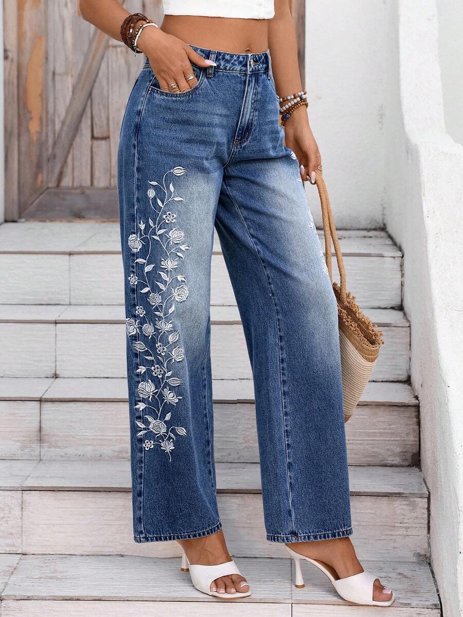Breezaya Quần jeans ống rộng dáng suông thêu hoa dành cho nữ, phong cách thường ngày. - Rửa tối - Xem 1