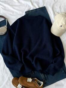 SHEIN Autumn/Winter New American Flag Print Knit Sweater Long Sleeve, Loose Fit Knitted Pullover Top For Teen Girls Usa Sweatshirt Youth Sweaters Flag Sweater Fourth Of July Sweatshirt - Navy Blue - View 2