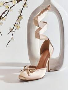 SHUZIA #ChicGala Women's Satin Ribbon Ankle-Tie D'Orsay Bow-Toe Nude Ballet Heels – Elegant, Festive & Dress-Ready. - Beige - View 5