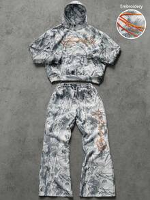 PAVTROS Men's Fashionable INS Streetwear Bionic Camouflage English Signature Graffiti Hoodie & Sweatpants Set, Suitable For Music Festivals, Nightclubs, Boyfriend/Husband Gift, Anniversary Gift, Fall Clothes - Multicolor - View 1