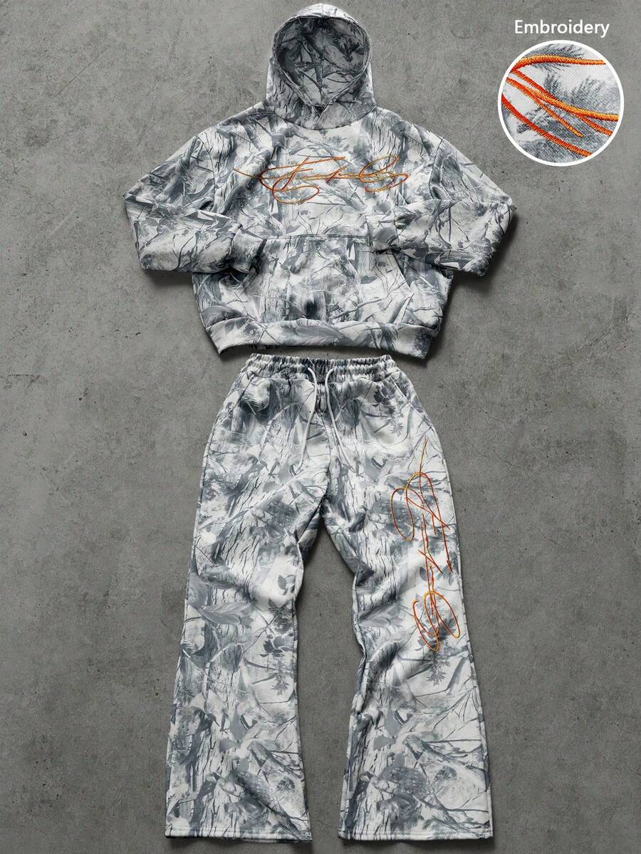 PAVTROS Men's Fashionable INS Streetwear Bionic Camouflage English Signature Graffiti Hoodie & Sweatpants Set, Suitable For Music Festivals, Nightclubs, Boyfriend/Husband Gift, Anniversary Gift, Fall Clothes - Multicolor - View 1