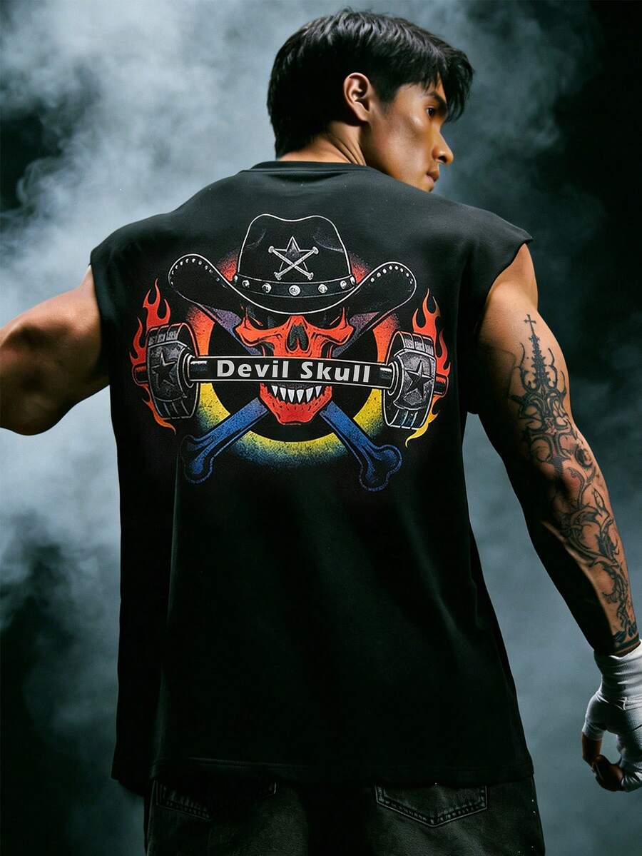 GymBeat 男士骷髅字母印花休闲圆领运动背心无袖衬衫露脐背心肌肉背心纹身衫无袖图案T恤压缩衣 - 黑色 - 查看 1