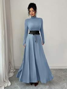 SHEIN Elenzya Vestido largo de punto de unicolor de lujo para mujer, diseño de cuello medio alto, ajuste ceñido, decoración de cinturón en la cintura para estilizar, vestido elegante y retro, adecuado para uso diario, citas, cenas, combinación de pareja, capa interior para otoño/invierno, capa exterior para primavera - Azul - Ver 6