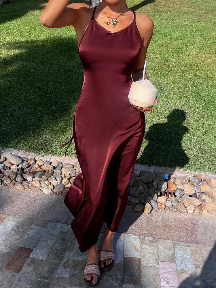 Sexy Satin Fitted Backless Criss-Cross Strap Long Nightgown For Women