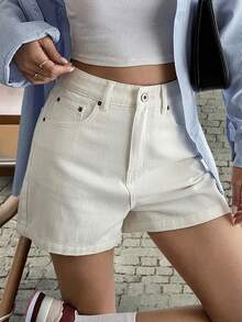 Livesso Women's High Waist Casual Denim Shorts - White - View 1