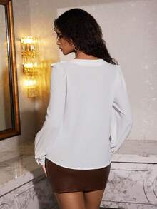 Eryvara Ruffle Trim Lantern Sleeve Blouse Women Shirt - White - View 2