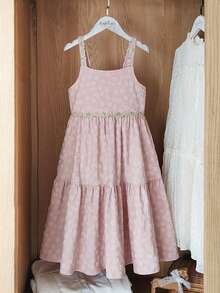 SHEIN Vintaside Kids 少女亮黄色纹理花卉吊带装饰夏季度假连衣裙 - 粉色 - 查看 5
