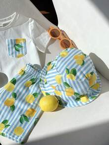 SHEIN 3件套幼儿男女宝宝可爱柠檬条纹短袖T恤、针织上衣、短裤和帽子套装，春夏男宝宝服装 - 藍色 - 查看 8