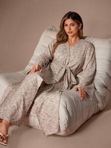 Lazeform Women's Long Sleeve Soft Jacquard Knit Belted Casual Robe, Autumn/Winter Gown And Robe Set Curve Robe - Khaki - View 3
