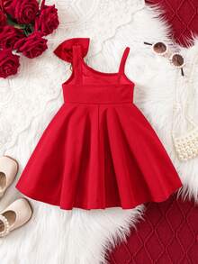 可爱优雅的红色针织吊带连衣裙，适合女宝宝 - 紅色 - 查看 2